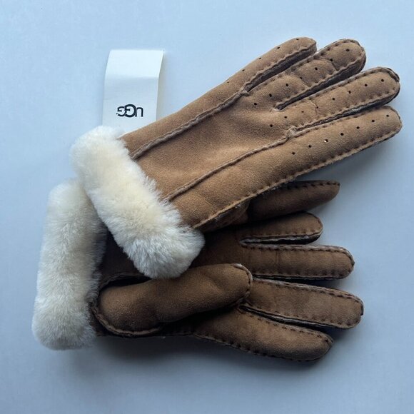 UGG Perforated Suede Leather Shearling Gloves Chestnut NWOT*f - Picture 3 of 9